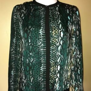 DKNY Black & Green Snake Reptile Long Sheer Hi Low Blouse